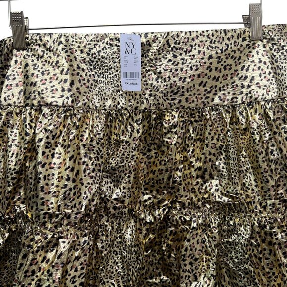 New York & Company Foil Leopard Print Skirt XXL Gold Metallic Tiered Ruffle - Picture 4 of 12